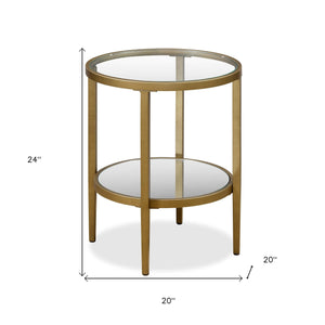 Homeroots 24" Antiqued Brass And Clear Glass And Steel Round Mirrored End Table With Shelf   544188