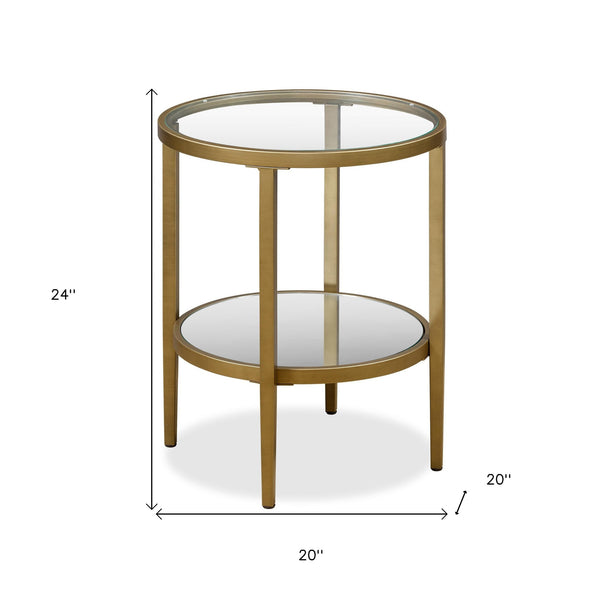 Homeroots 24" Antiqued Brass And Clear Glass And Steel Round Mirrored End Table With Shelf   544188