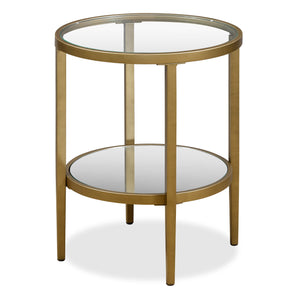 Homeroots 24" Antiqued Brass And Clear Glass And Steel Round Mirrored End Table With Shelf   544188