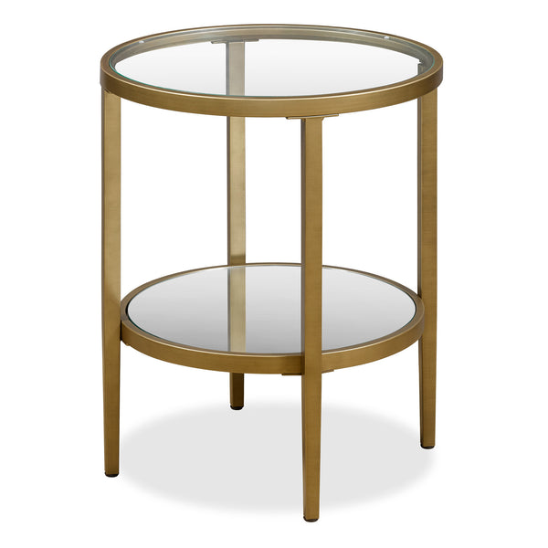 Homeroots 24" Antiqued Brass And Clear Glass And Steel Round Mirrored End Table With Shelf   544188