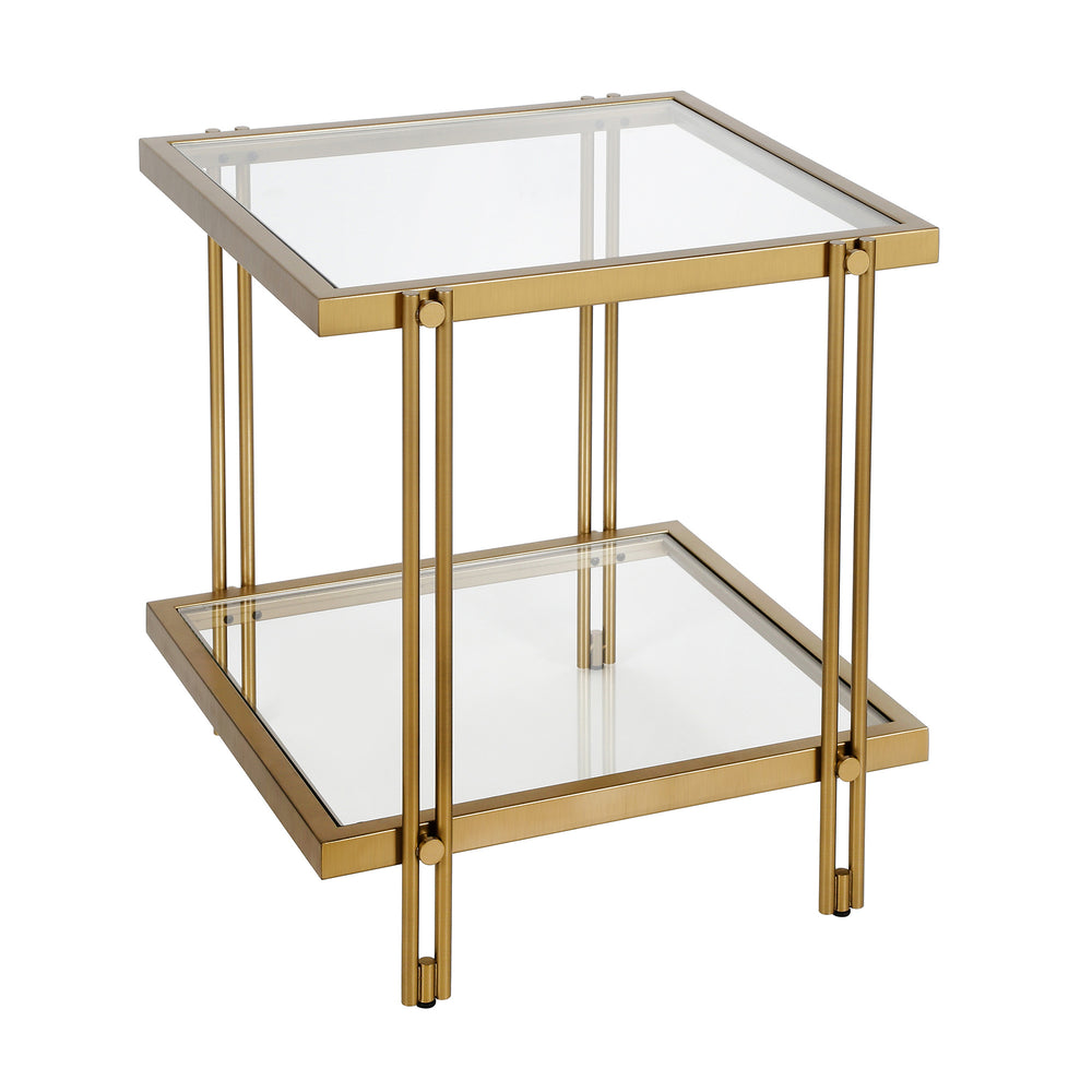 Homeroots 22" Brass And Clear Glass And Steel Square End Table With Shelf   544195