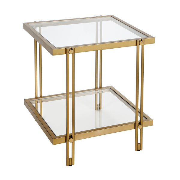 Homeroots 22" Brass And Clear Glass And Steel Square End Table With Shelf   544195