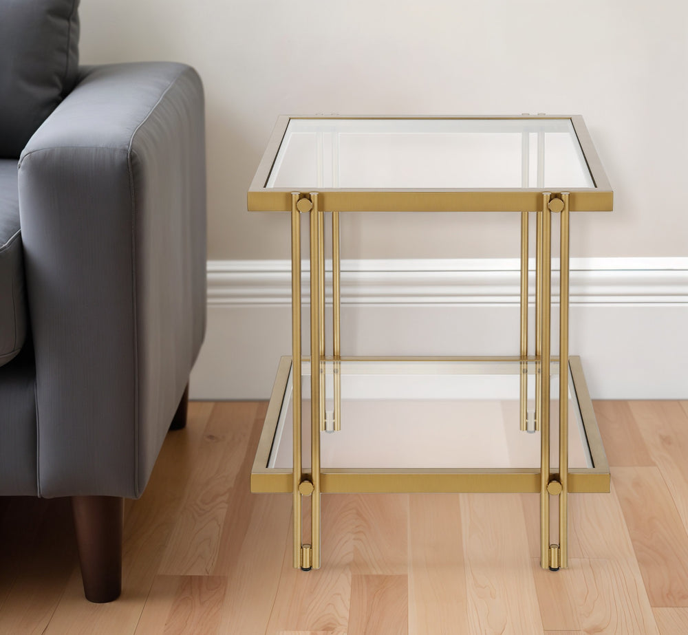 Homeroots 22" Brass And Clear Glass And Steel Square End Table With Shelf   544195