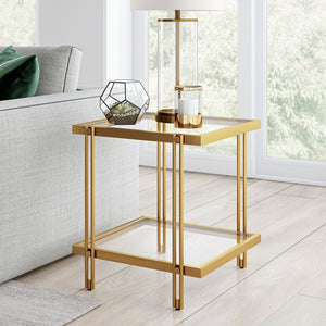 Homeroots 22" Brass And Clear Glass And Steel Square End Table With Shelf   544195