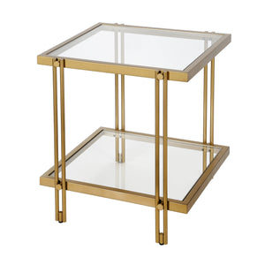Homeroots 22" Brass And Clear Glass And Steel Square End Table With Shelf   544195