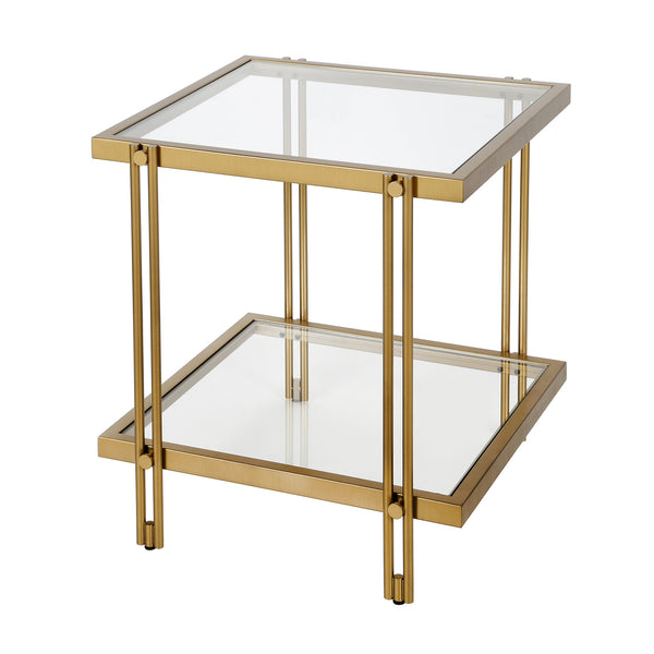Homeroots 22" Brass And Clear Glass And Steel Square End Table With Shelf   544195