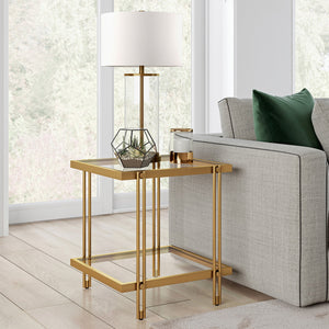 Homeroots 22" Brass And Clear Glass And Steel Square End Table With Shelf   544195