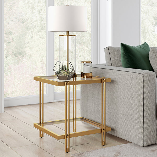 Homeroots 22" Brass And Clear Glass And Steel Square End Table With Shelf   544195