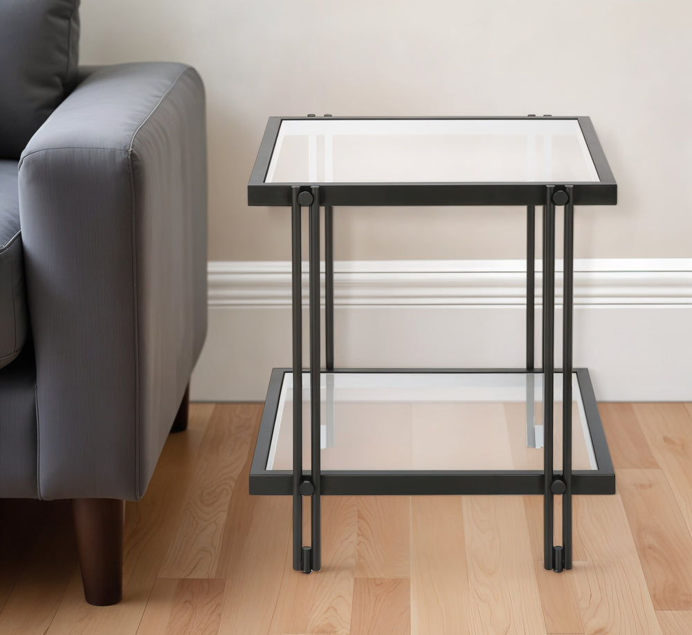 Homeroots 22" Black And Clear Glass And Steel Square End Table With Shelf   544196