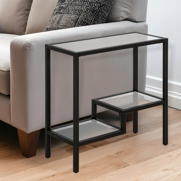 Homeroots 24" Black And Clear Glass And Steel End Table With Two Shelves   544198