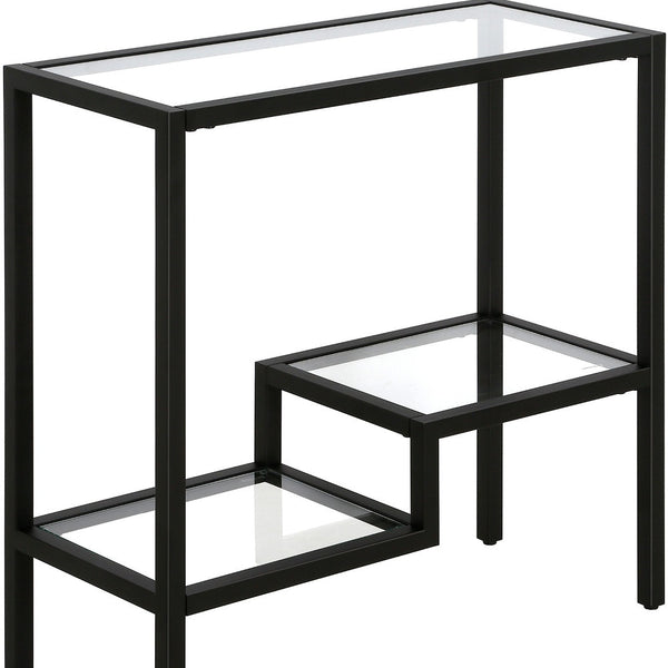 Homeroots 24" Black And Clear Glass And Steel End Table With Two Shelves   544198