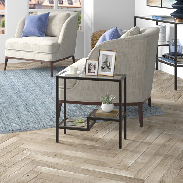 Homeroots 24" Black And Clear Glass And Steel End Table With Two Shelves   544198