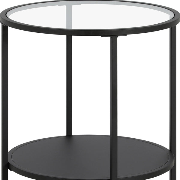 Homeroots 22" Black And Clear Glass And Steel Round End Table With Shelf   544199