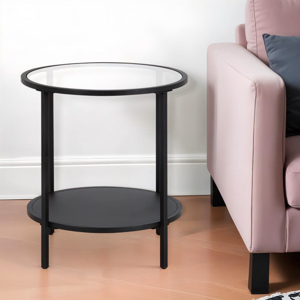 Homeroots 22" Black And Clear Glass And Steel Round End Table With Shelf   544199