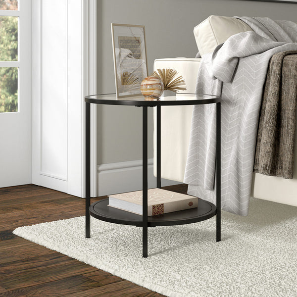 Homeroots 22" Black And Clear Glass And Steel Round End Table With Shelf   544199