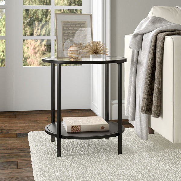 Homeroots 22" Black And Clear Glass And Steel Round End Table With Shelf   544199