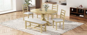 English Elm Topmax Farmhouse Extendable Pedestal Dining Set Seats Six with Ladder Back Chairs Natural+Beige N717S000060N