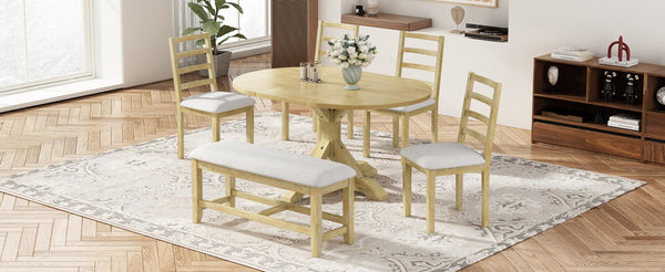 English Elm Topmax Farmhouse Extendable Pedestal Dining Set Seats Six with Ladder Back Chairs Natural+Beige N717S000060N
