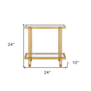 Homeroots 24" Brass And Clear Glass And Steel End Table With Shelf   544200