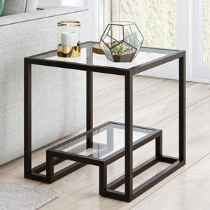 Homeroots 22" Black And Clear Glass And Steel Square End Table With Shelf   544206
