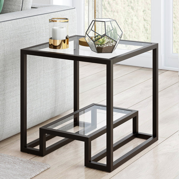 Homeroots 22" Black And Clear Glass And Steel Square End Table With Shelf   544206