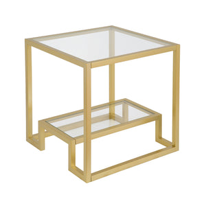 Homeroots 22" Brass And Clear Glass And Steel Square End Table With Shelf   544207