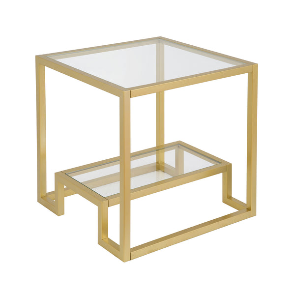Homeroots 22" Brass And Clear Glass And Steel Square End Table With Shelf   544207