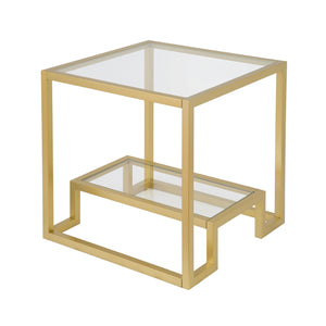Homeroots 22" Brass And Clear Glass And Steel Square End Table With Shelf   544207