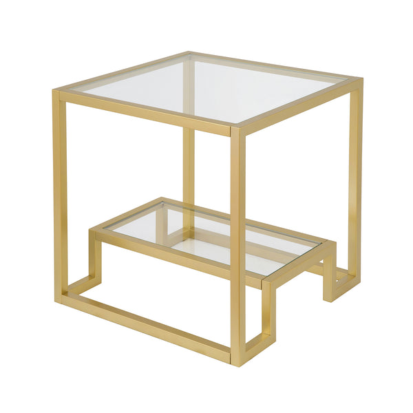 Homeroots 22" Brass And Clear Glass And Steel Square End Table With Shelf   544207