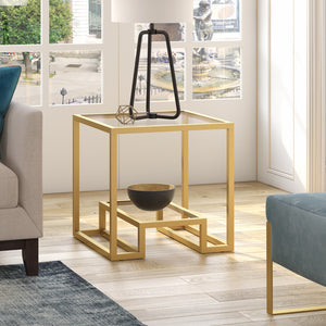 Homeroots 22" Brass And Clear Glass And Steel Square End Table With Shelf   544207