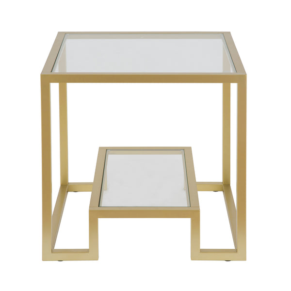 Homeroots 22" Brass And Clear Glass And Steel Square End Table With Shelf   544207