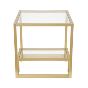 Homeroots 22" Brass And Clear Glass And Steel Square End Table With Shelf   544207