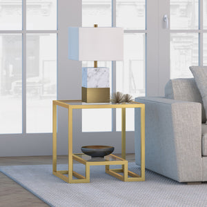 Homeroots 22" Brass And Clear Glass And Steel Square End Table With Shelf   544207