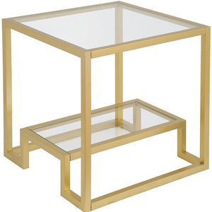 Homeroots 22" Brass And Clear Glass And Steel Square End Table With Shelf   544207