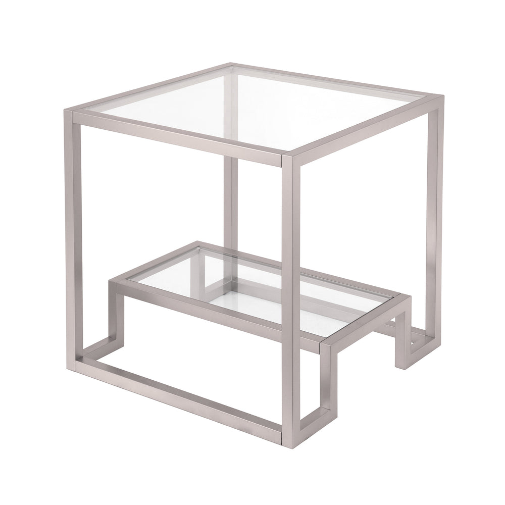 Homeroots 22" Nickel And Clear Glass And Steel Square End Table With Shelf   544208