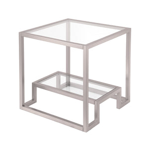 Homeroots 22" Nickel And Clear Glass And Steel Square End Table With Shelf   544208