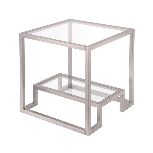 Homeroots 22" Nickel And Clear Glass And Steel Square End Table With Shelf   544208