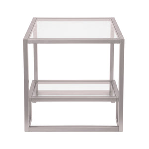 Homeroots 22" Nickel And Clear Glass And Steel Square End Table With Shelf   544208