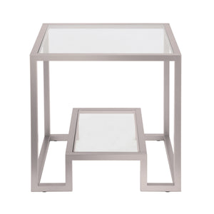 Homeroots 22" Nickel And Clear Glass And Steel Square End Table With Shelf   544208