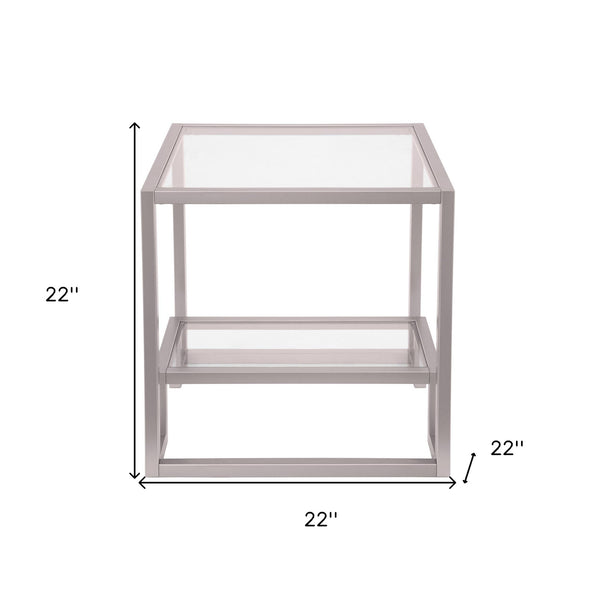 Homeroots 22" Nickel And Clear Glass And Steel Square End Table With Shelf   544208