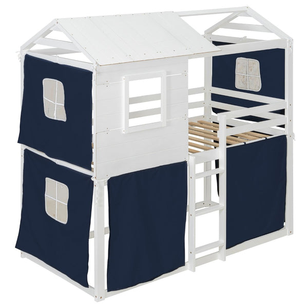 English Elm Twin Treehouse Bunk Bed Solid Pine Playhouse Frame with Cozy Canvas Tent Hideaway LT000379AAC-1