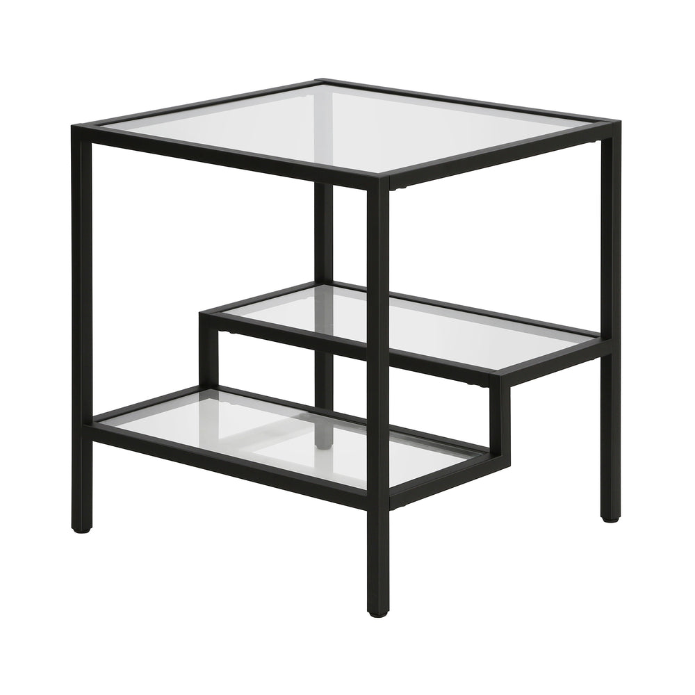Homeroots 22" Black And Clear Glass And Steel Square End Table With Two Shelves   544210