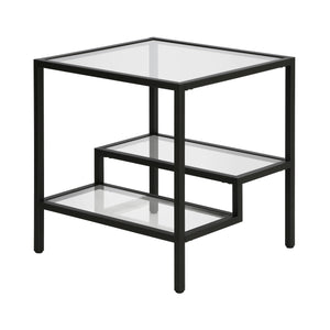 Homeroots 22" Black And Clear Glass And Steel Square End Table With Two Shelves   544210