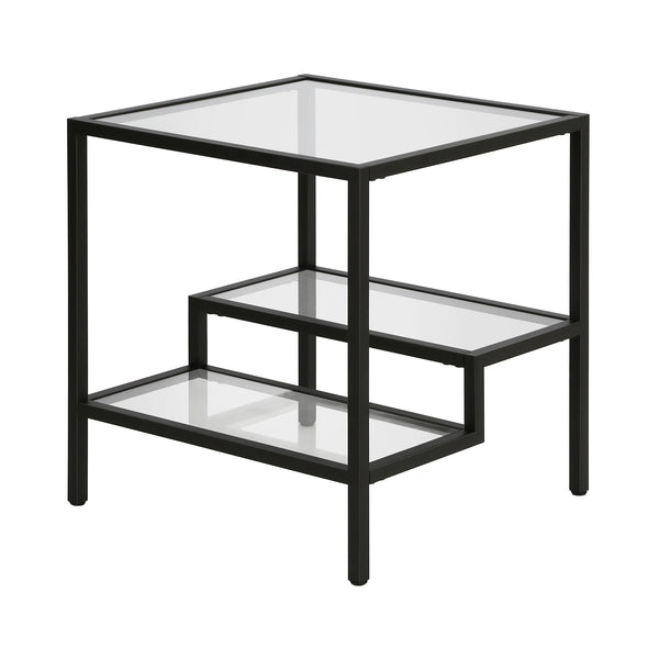 Homeroots 22" Black And Clear Glass And Steel Square End Table With Two Shelves   544210