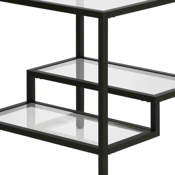 Homeroots 22" Black And Clear Glass And Steel Square End Table With Two Shelves   544210