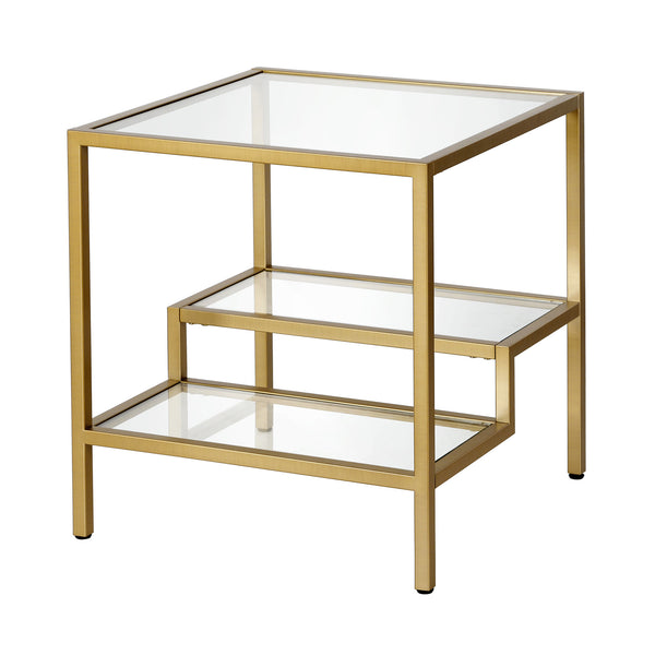 Homeroots 22" Brass And Clear Glass And Steel Square End Table With Two Shelves   544211