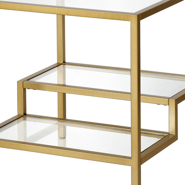 Homeroots 22" Brass And Clear Glass And Steel Square End Table With Two Shelves   544211