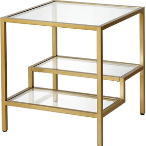 Homeroots 22" Brass And Clear Glass And Steel Square End Table With Two Shelves   544211