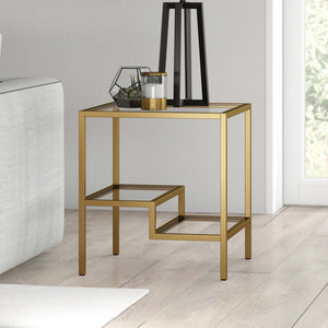 Homeroots 22" Brass And Clear Glass And Steel Square End Table With Two Shelves   544211