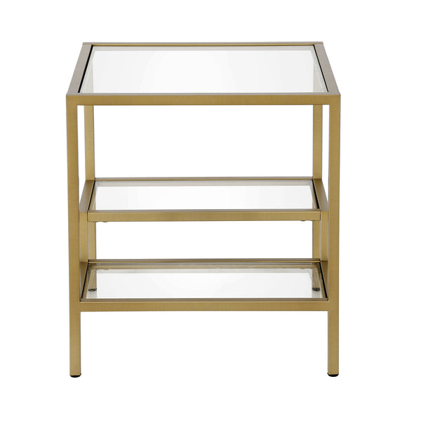 Homeroots 22" Brass And Clear Glass And Steel Square End Table With Two Shelves   544211